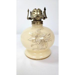 LampLight Farms Round Cream Ivory w Gold Colored Lilies Oil Lamp Lantern Glass